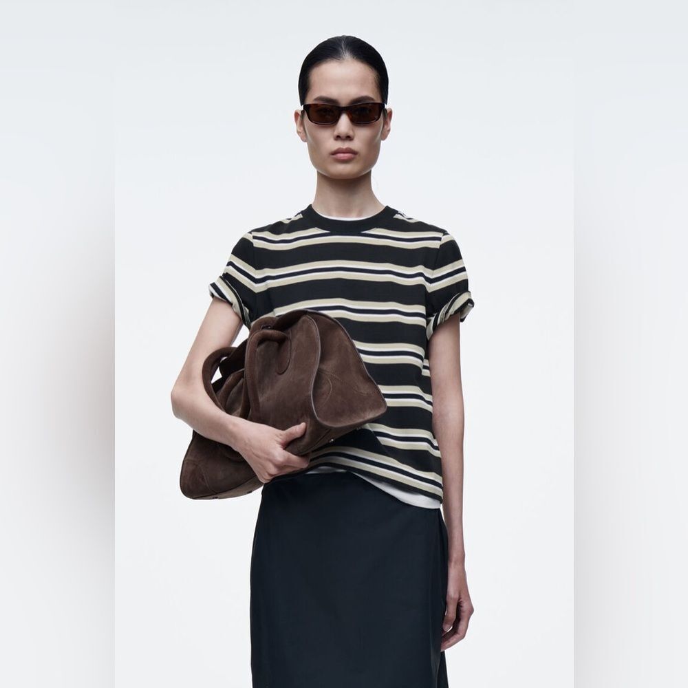 NEW COS CLEAN CUT REGULAR T-SHIRT in Beige/navy stripe - Picture 2 of 9
